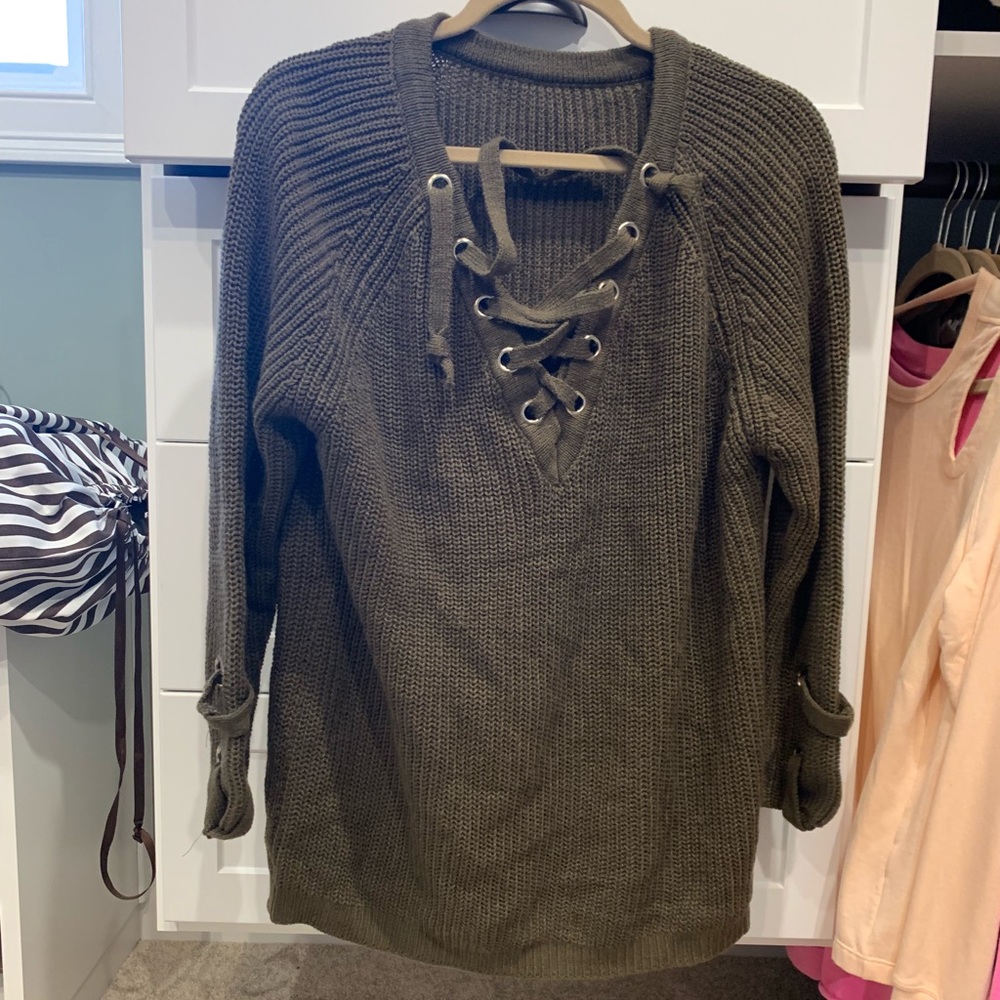 Olive green tie up sweater